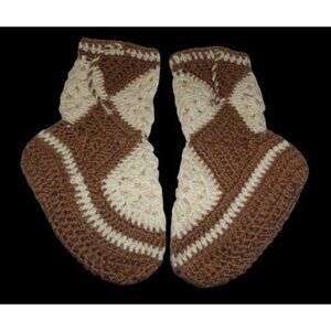 Brown Cream Crochet Soft Pull On Slipper Booties Lightweight Womens Sz 5 - 7.5
